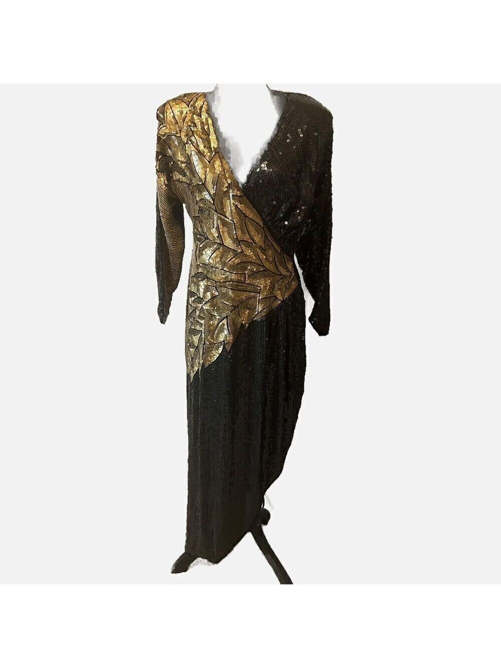 VTG Beaded Gown Dress 100% Silk Med 90s Black Gold Ruched V Neck Mob Wife Disco